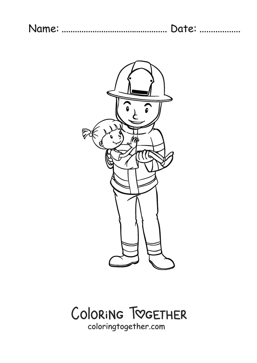 Coloring page of a firefighter rescuing a girl