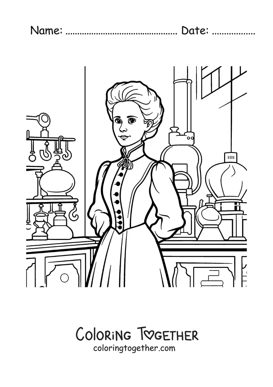 Coloring page of Marie Curie in her laboratory