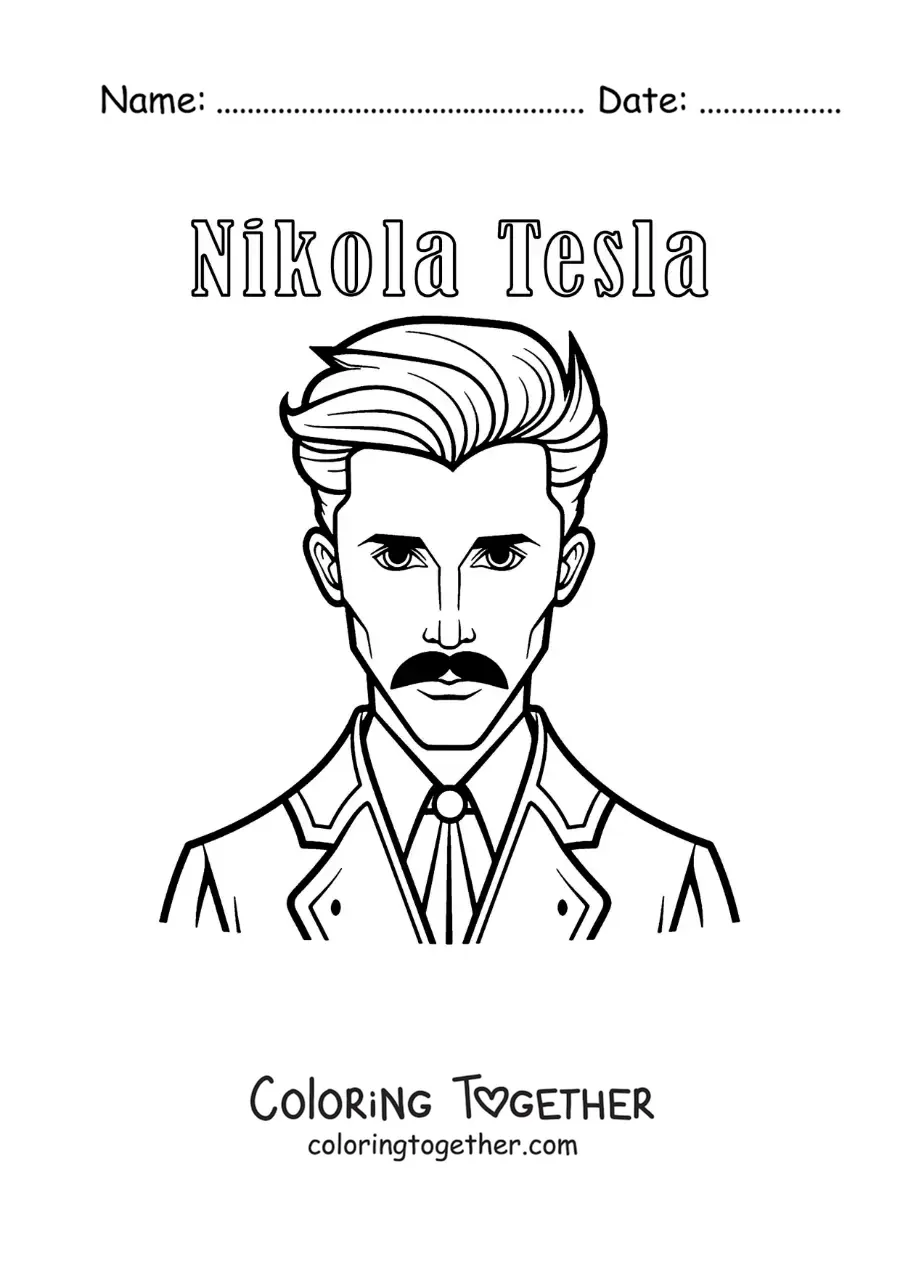 Coloring page of cartoon Nikola Tesla with his name