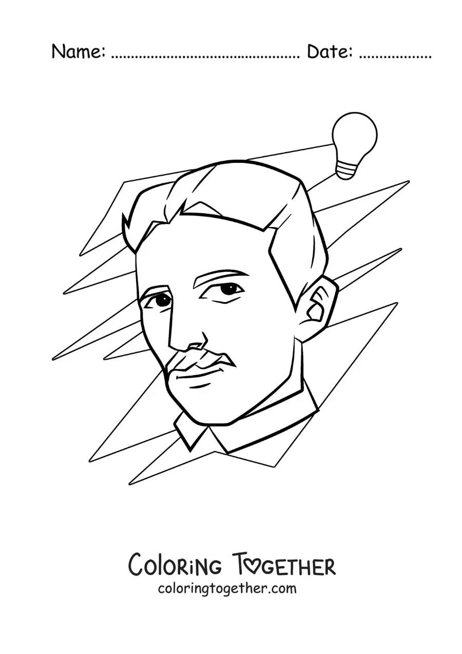 Coloring page of Nikola Tesla and a light bulb powered by alternating current