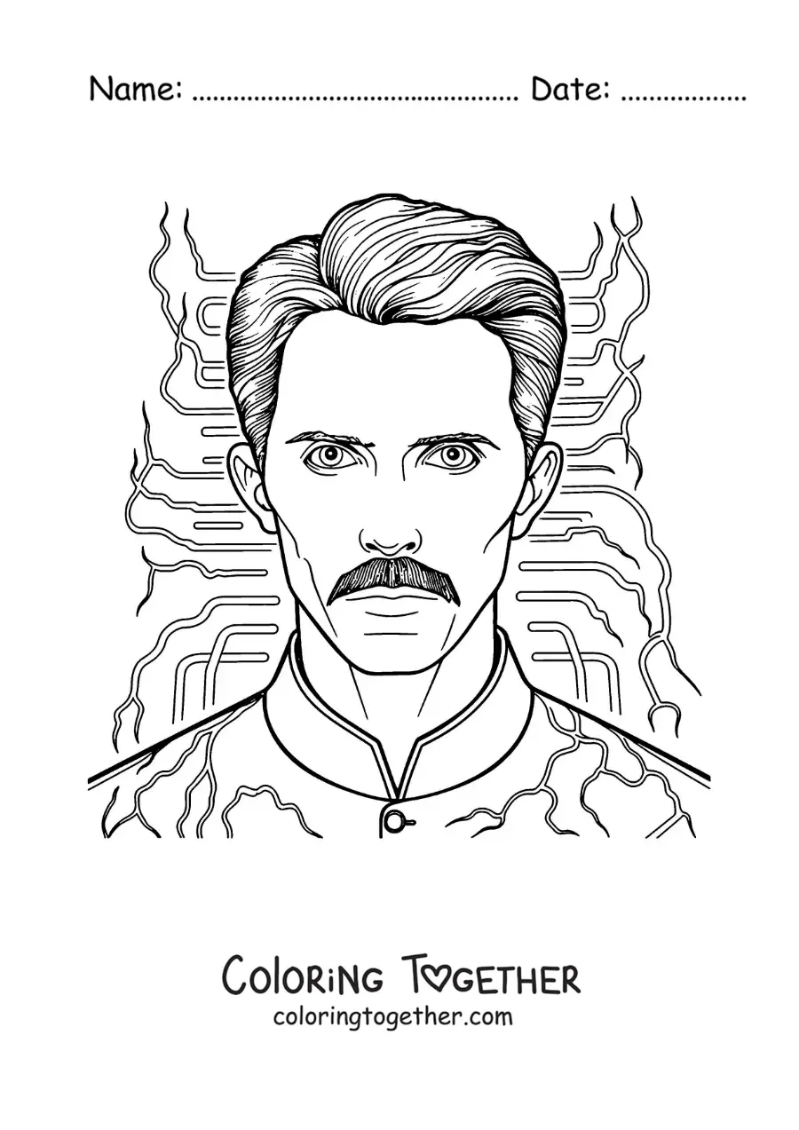 Coloring page of Nikola Tesla with bolts of alternating current