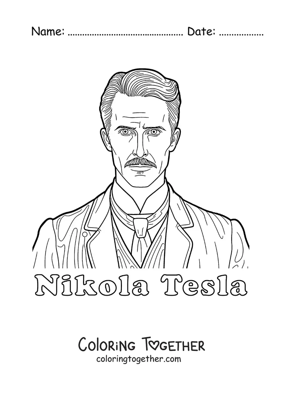 Coloring page of a portrait of Nikola Tesla with his name