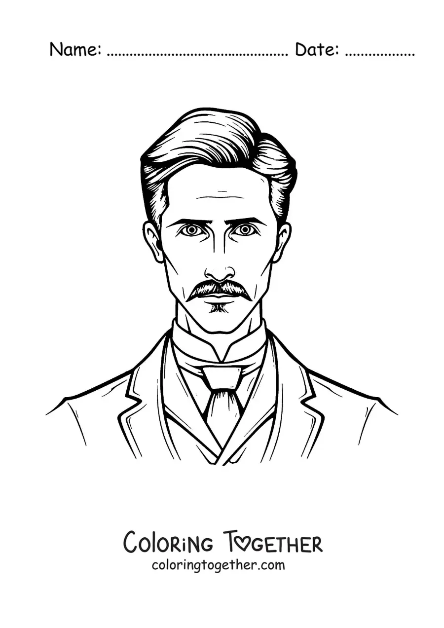 Coloring page of a cartoon portrait of Nikola Tesla