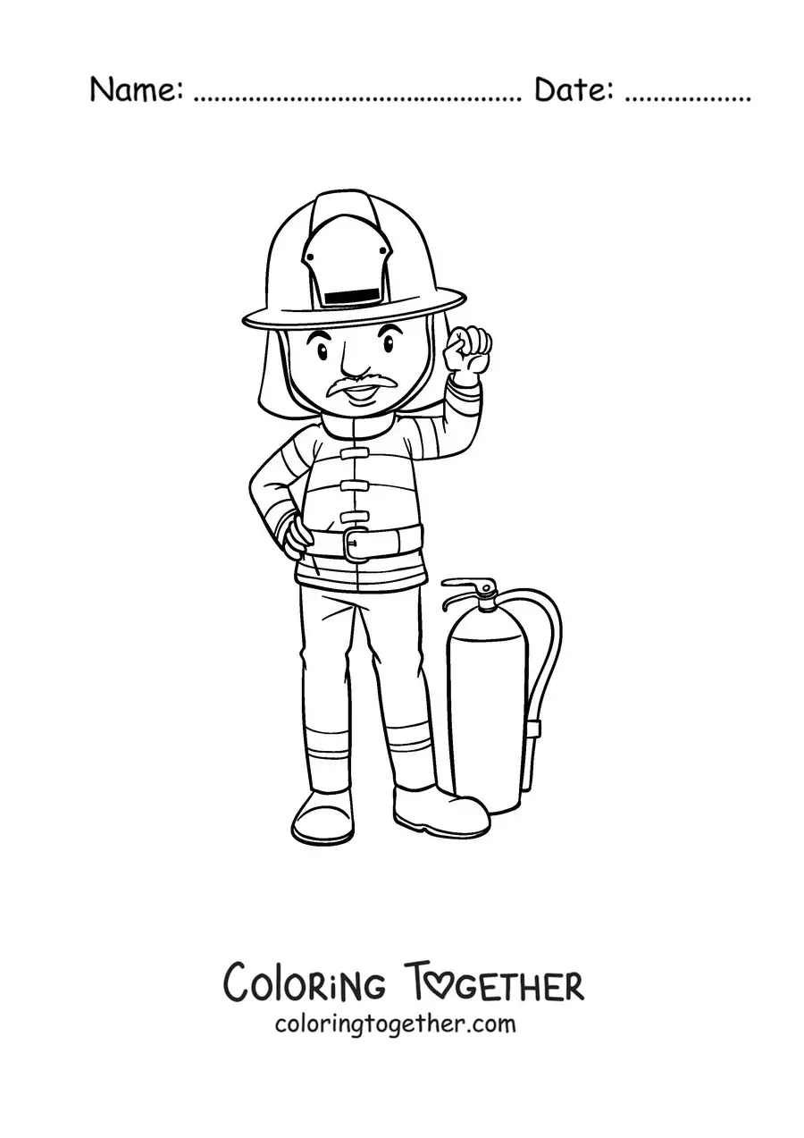 Coloring page of a uniformed firefighter next to a fire extinguisher