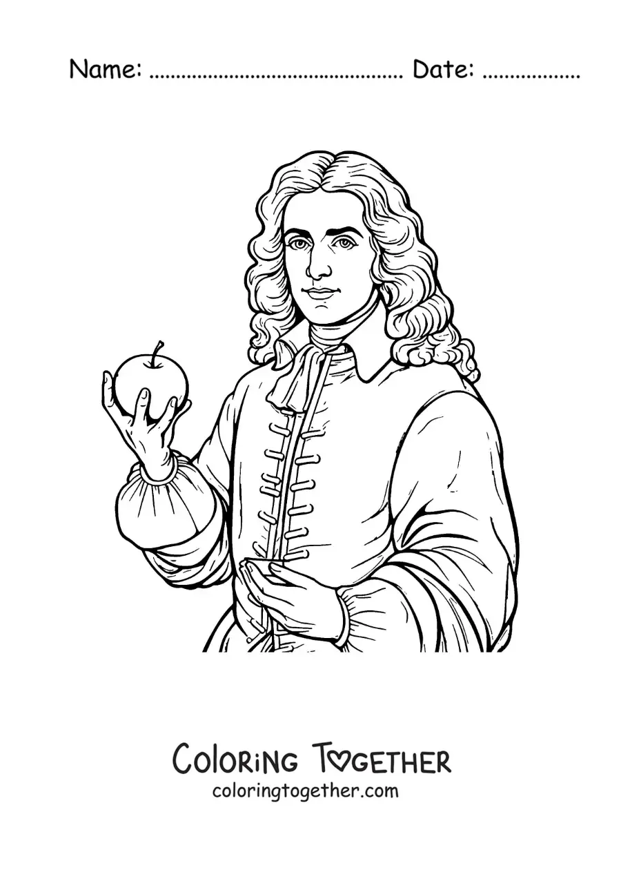 Coloring page of a portrait of Isaac Newton with an apple