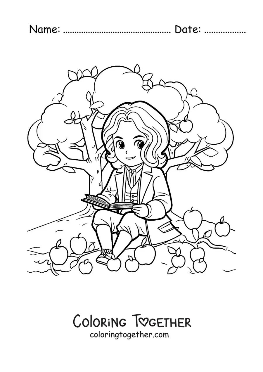 Coloring page of cartoon Isaac Newton reading under an apple tree