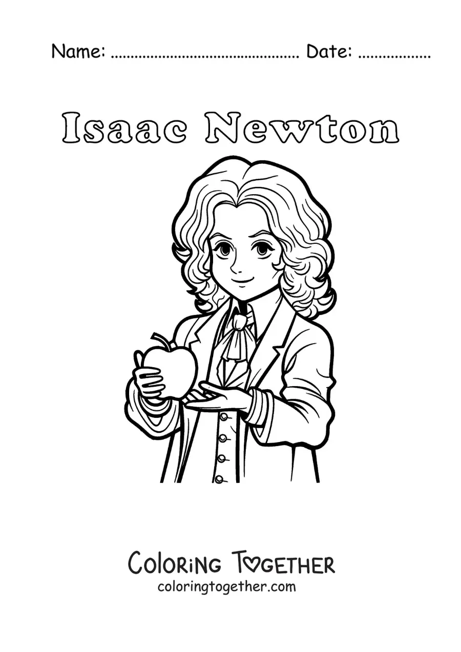 Coloring page of cartoon Isaac Newton with an apple and with his name