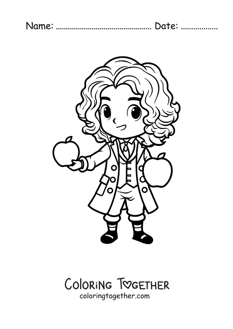 Coloring page of a children's cartoon of Isaac Newton
