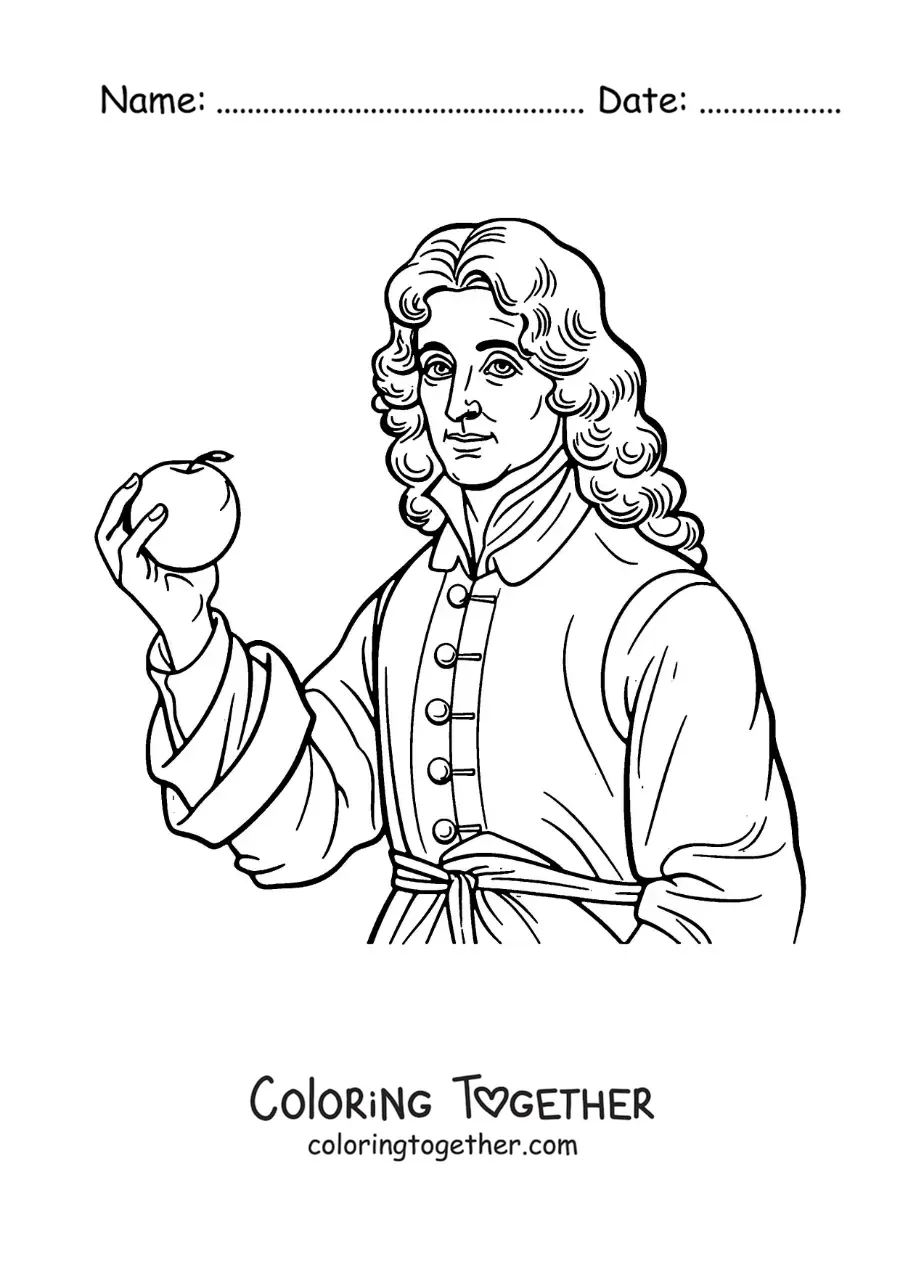 Coloring page of an easy portrait of Isaac Newton with an apple