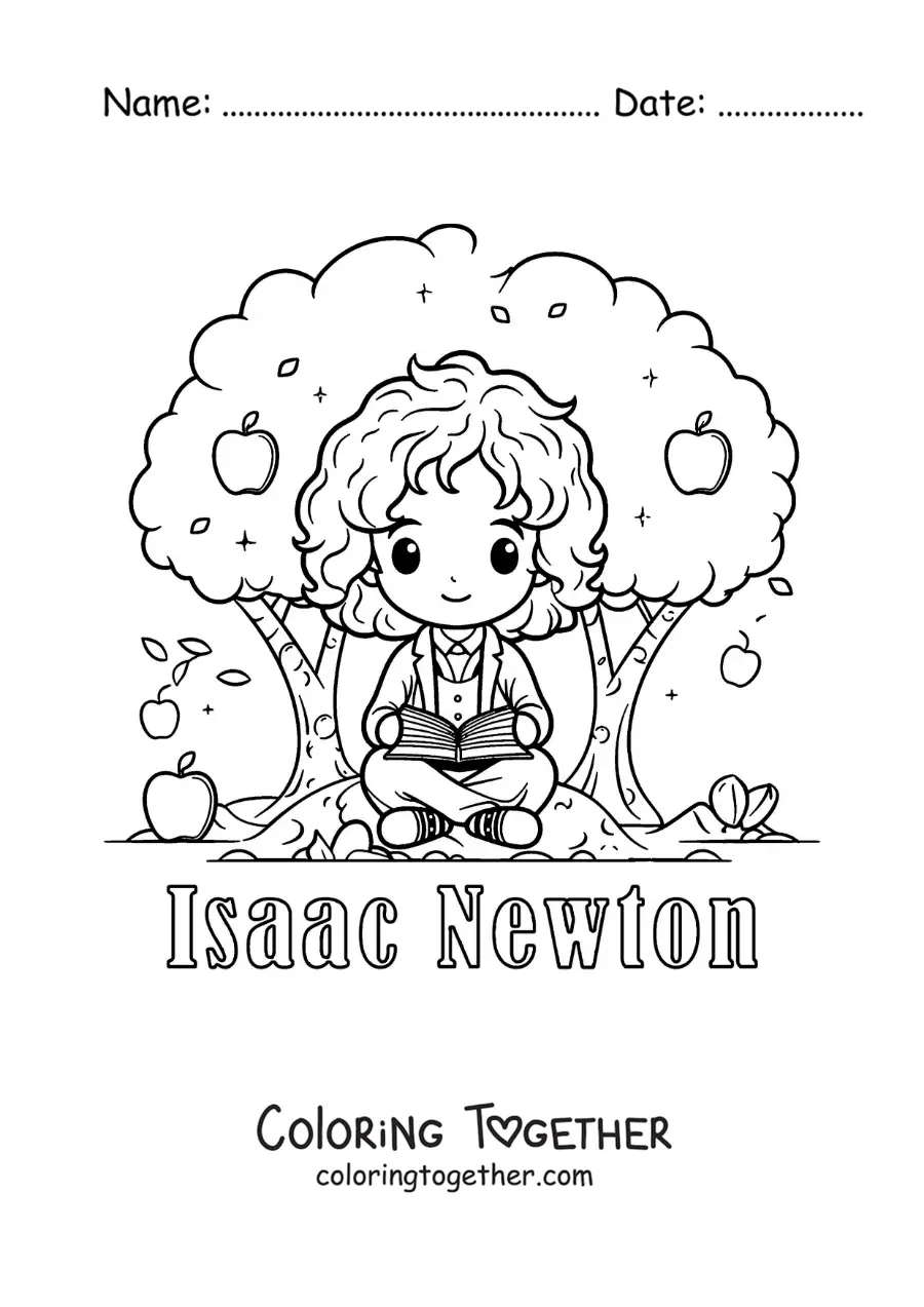 Coloring page of kawaii Isaac Newton reading under an apple tree
