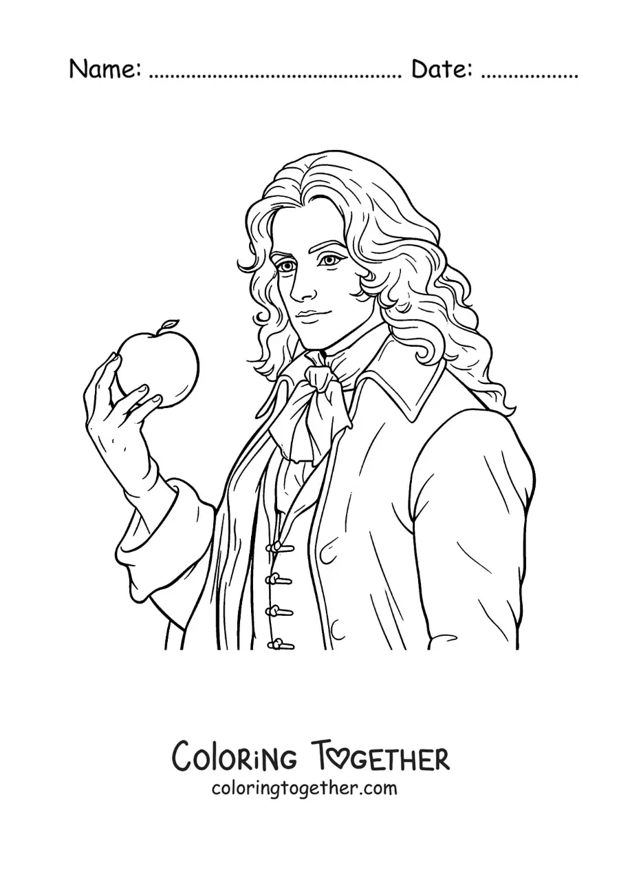 Coloring page of a cartoon portrait of Isaac Newton in anime style