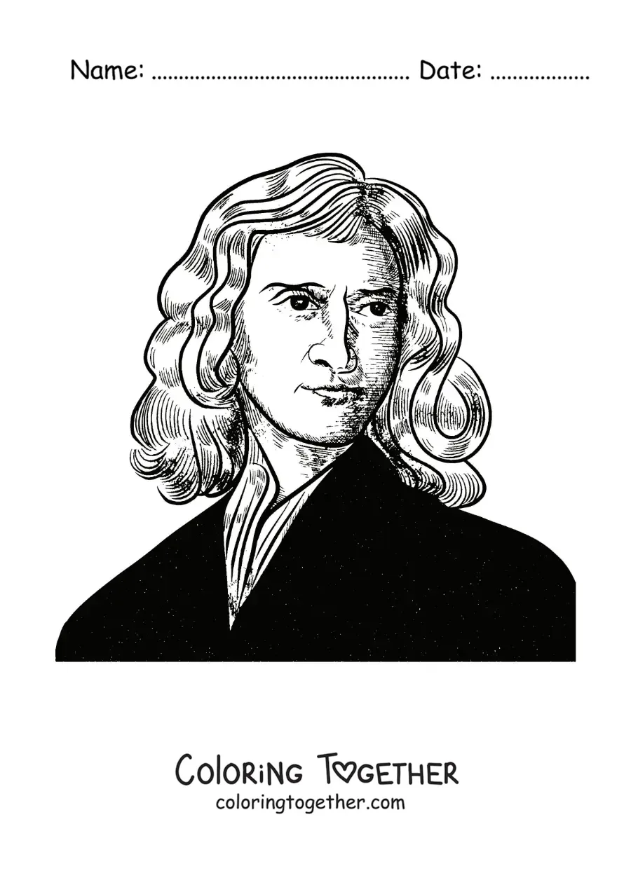 Coloring page of a portrait of Isaac Newton