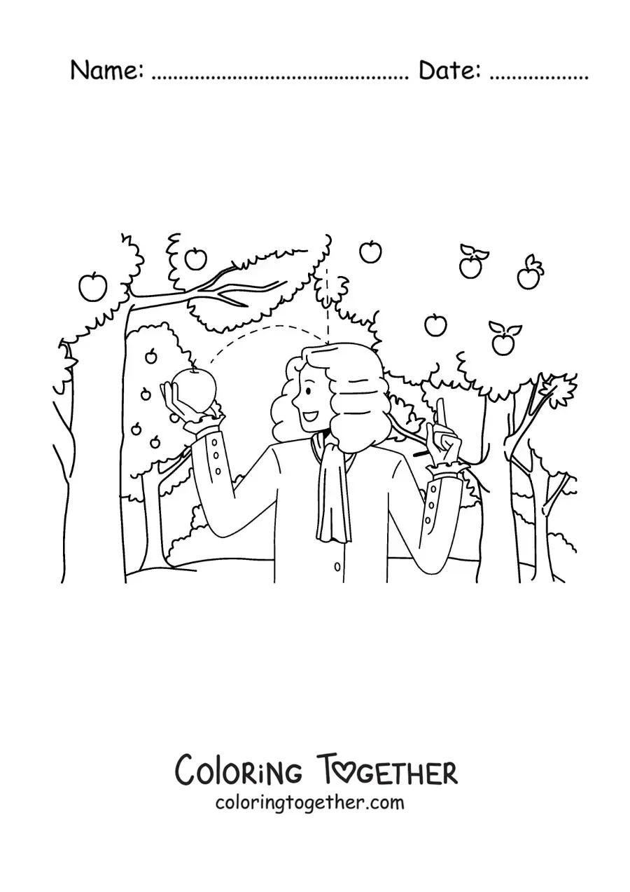 Coloring page of Isaac Newton with an apple falling on his head