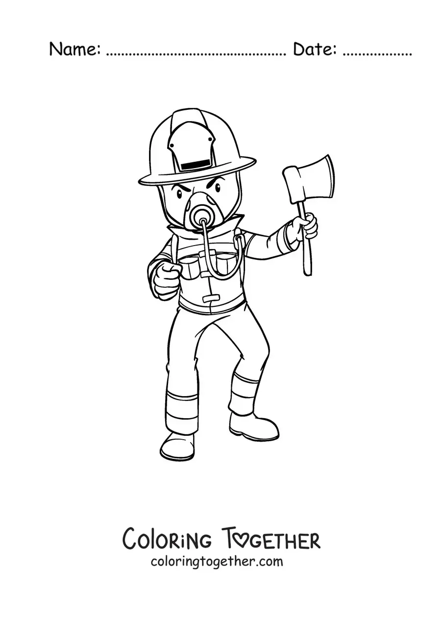 Coloring page of a firefighter with a protective mask and an axe