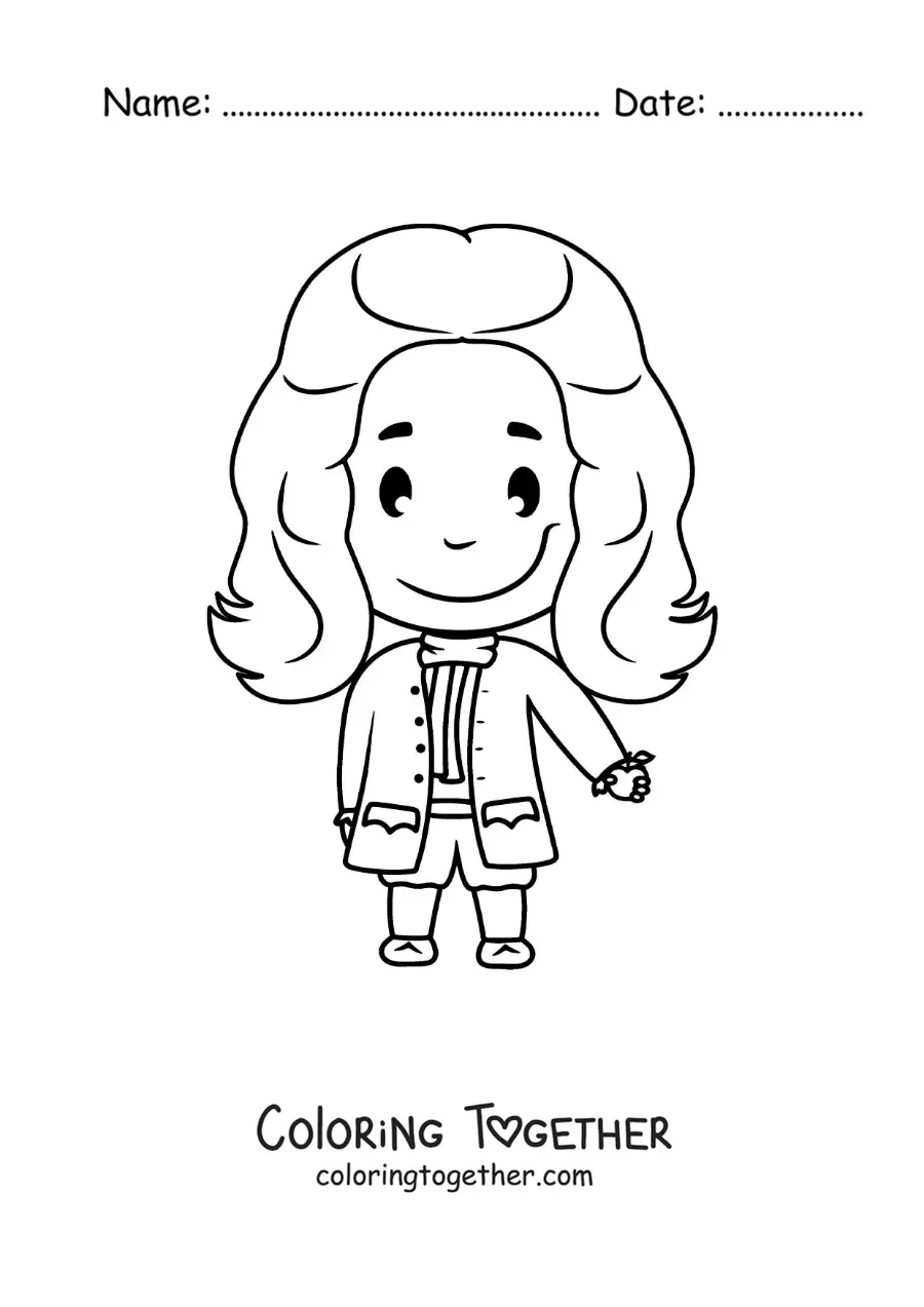 Coloring page of an easy cartoon of Isaac Newton for kids