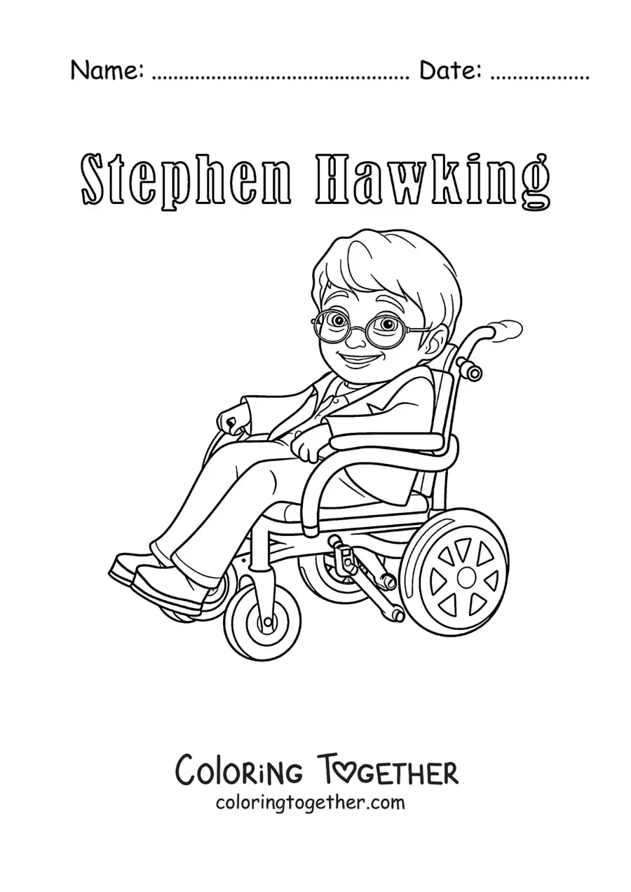 Coloring page of cartoon Stephen Hawking with his name