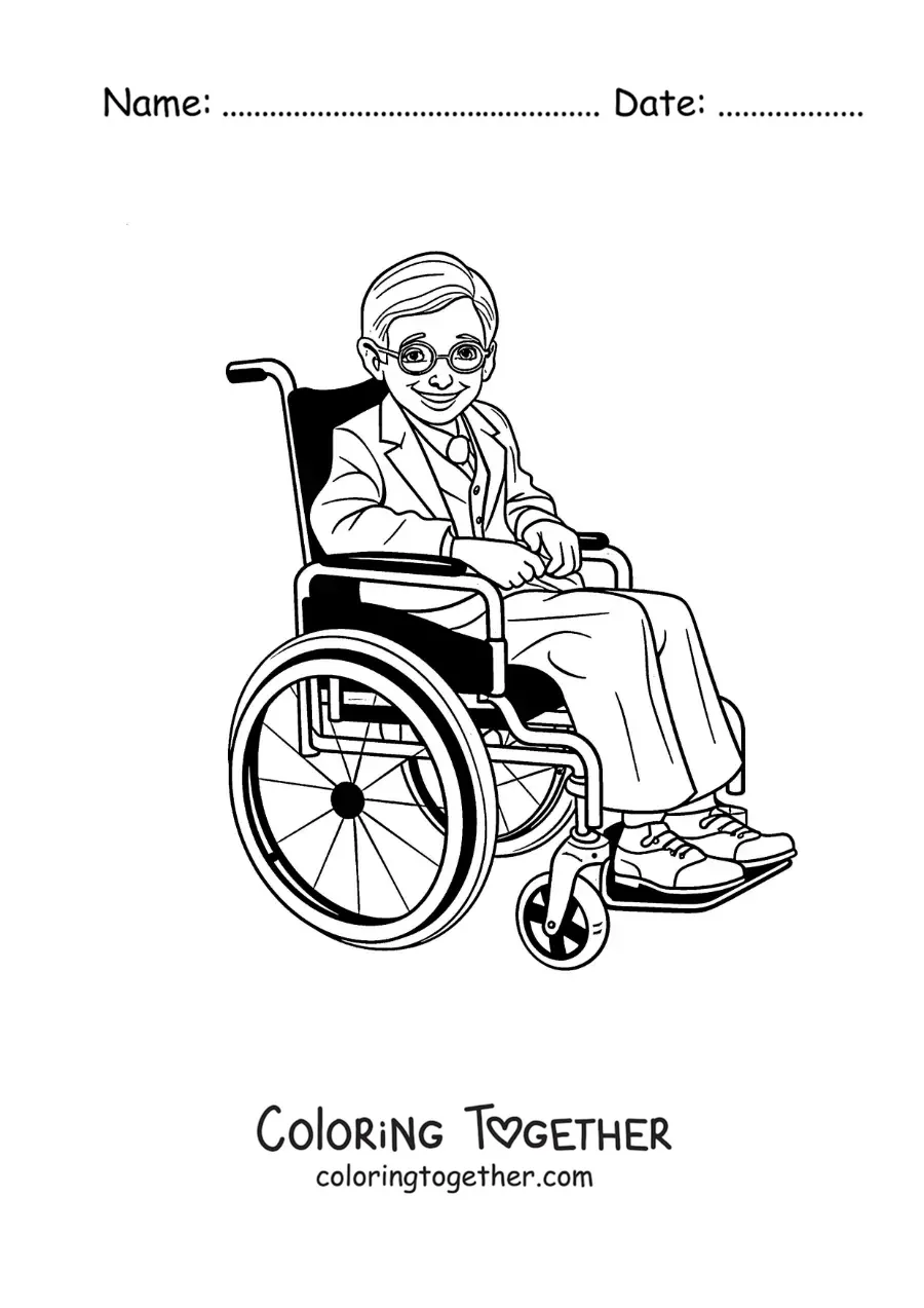 Coloring page of a cartoon of Stephen Hawking