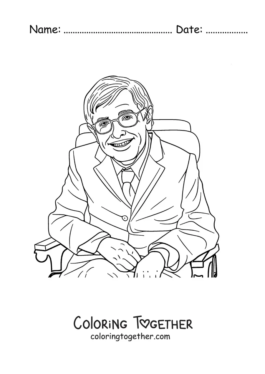 Coloring page of a realistic portrait of Stephen Hawking