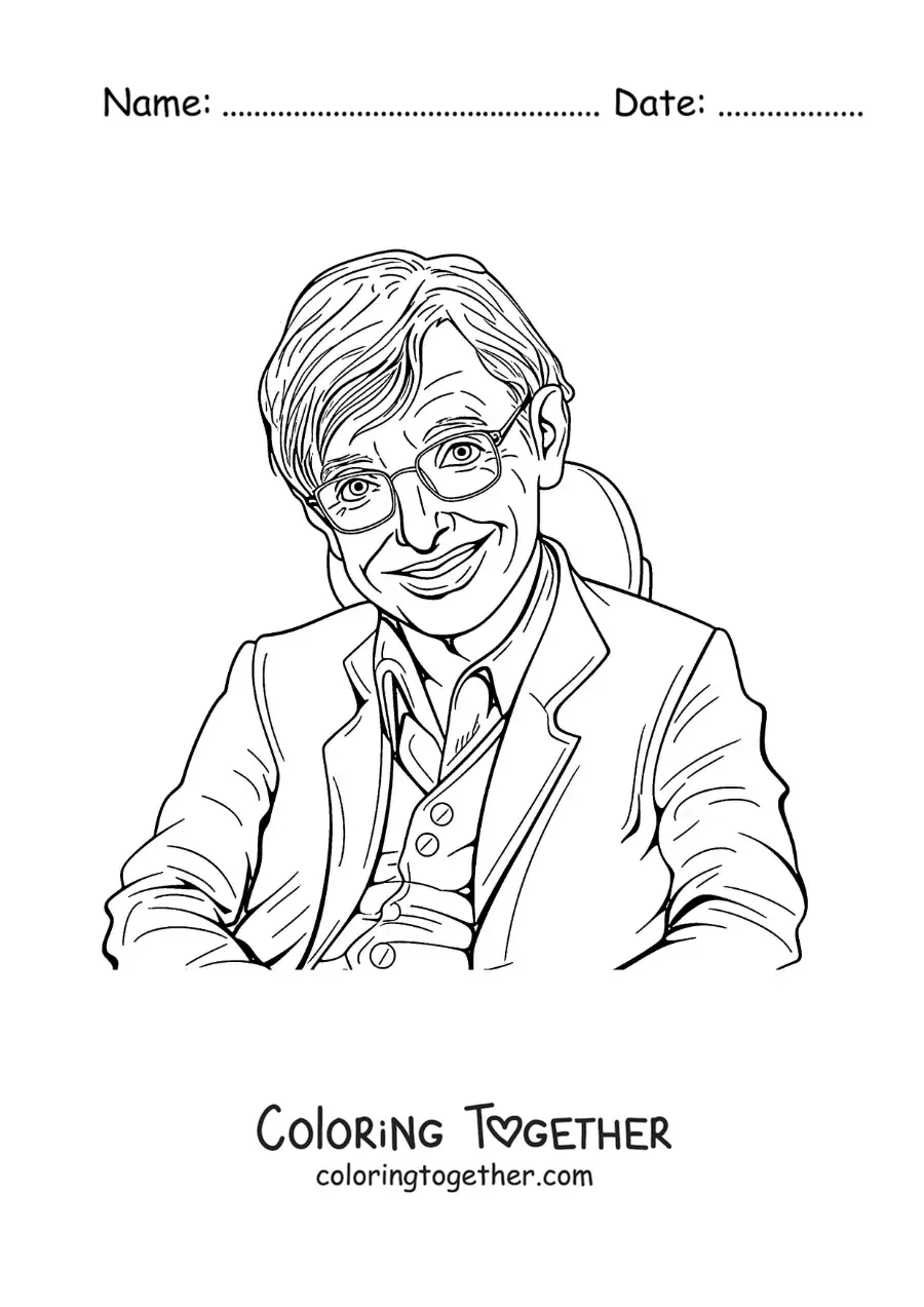 Coloring page of a cartoon portrait of Stephen Hawking