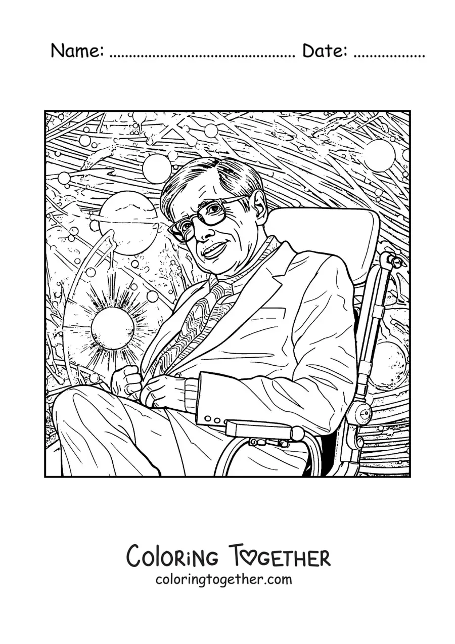 Coloring page of Stephen Hawking and the universe