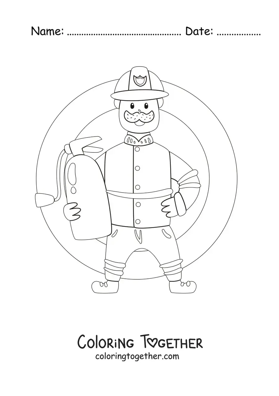 Coloring page of an animated firefighter holding a fire extinguisher