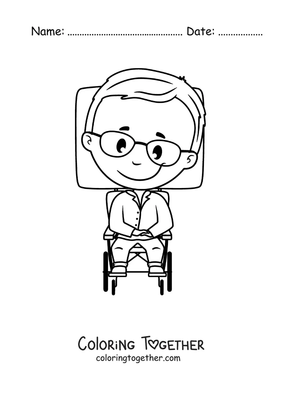 Coloring page of an easy cartoon of Stephen Hawking