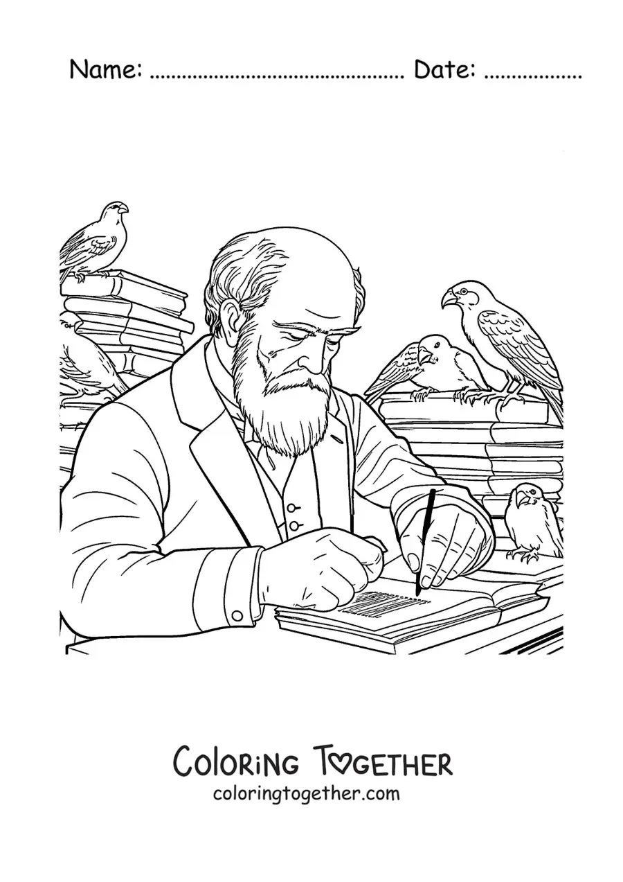 Coloring page of Charles Darwin writing at a desk