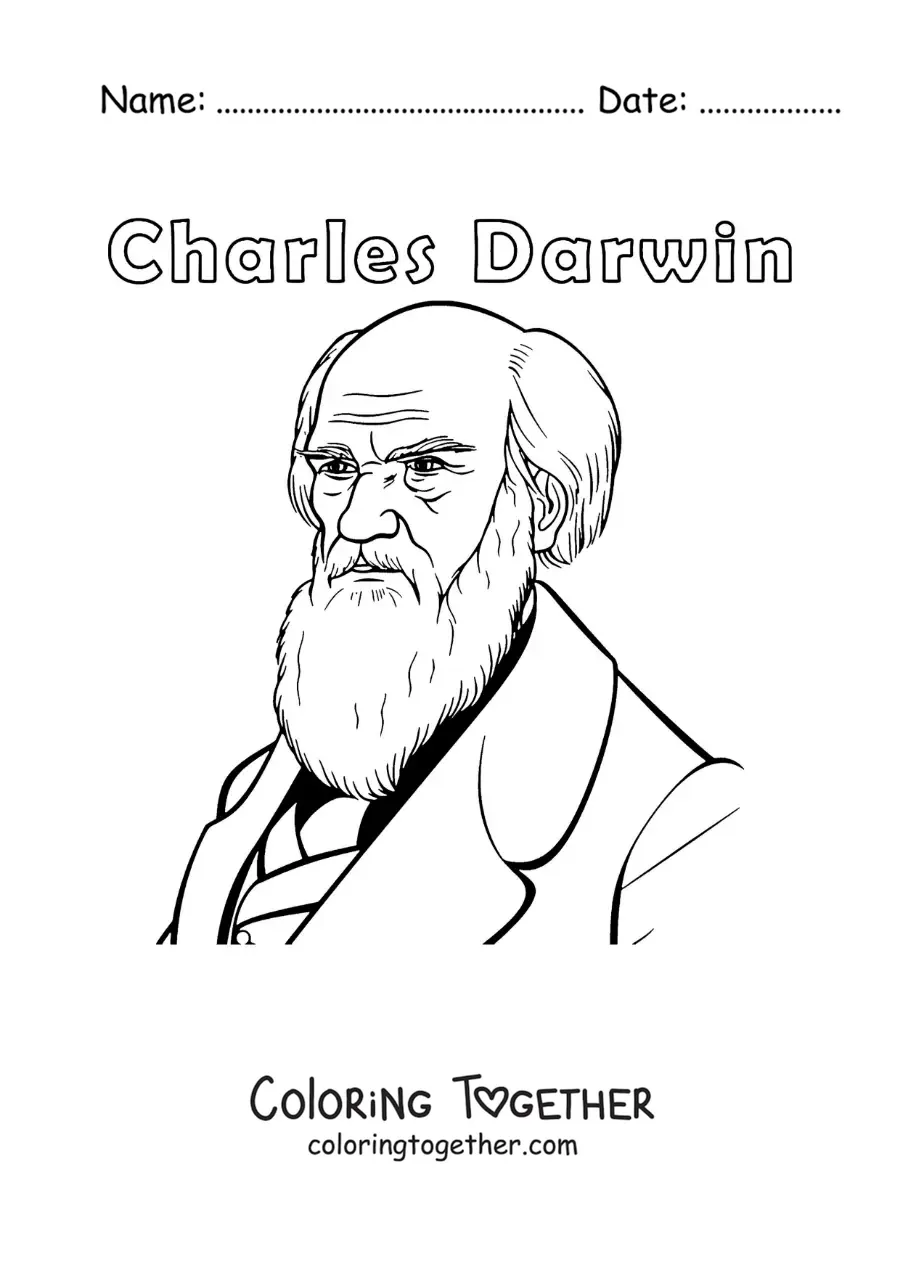 Coloring page of an easy portrait of Charles Darwin with his name