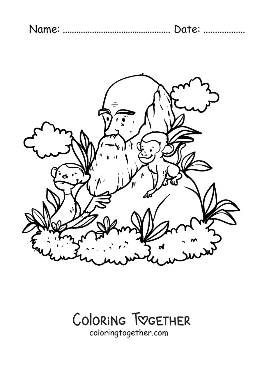 Coloring page of cartoon Charles Darwin studying the monkeys