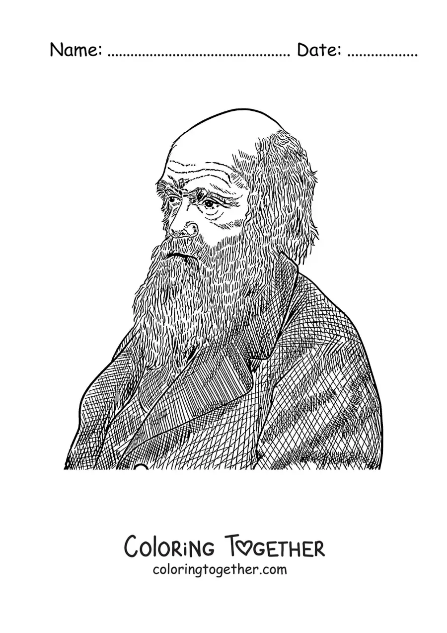 Coloring page of a pencil portrait of Charles Darwin