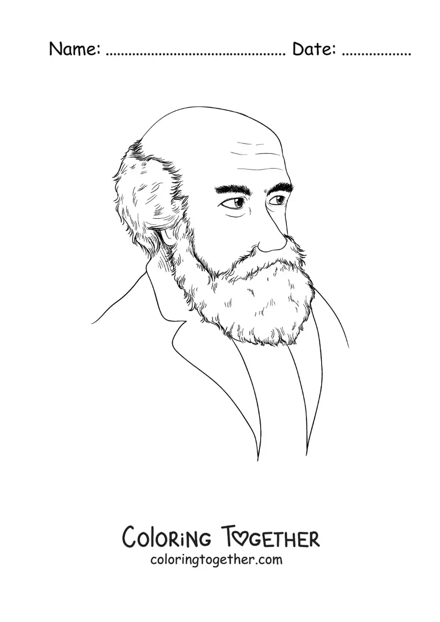 Coloring page of a cartoon portrait of Charles Darwin