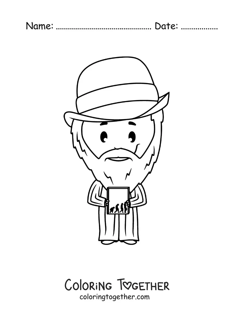 Coloring page of an easy cartoon of Charles Darwin for kids