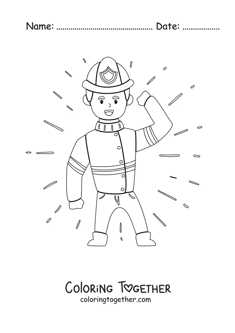 Coloring page of an animated firefighter waving and holding his helmet