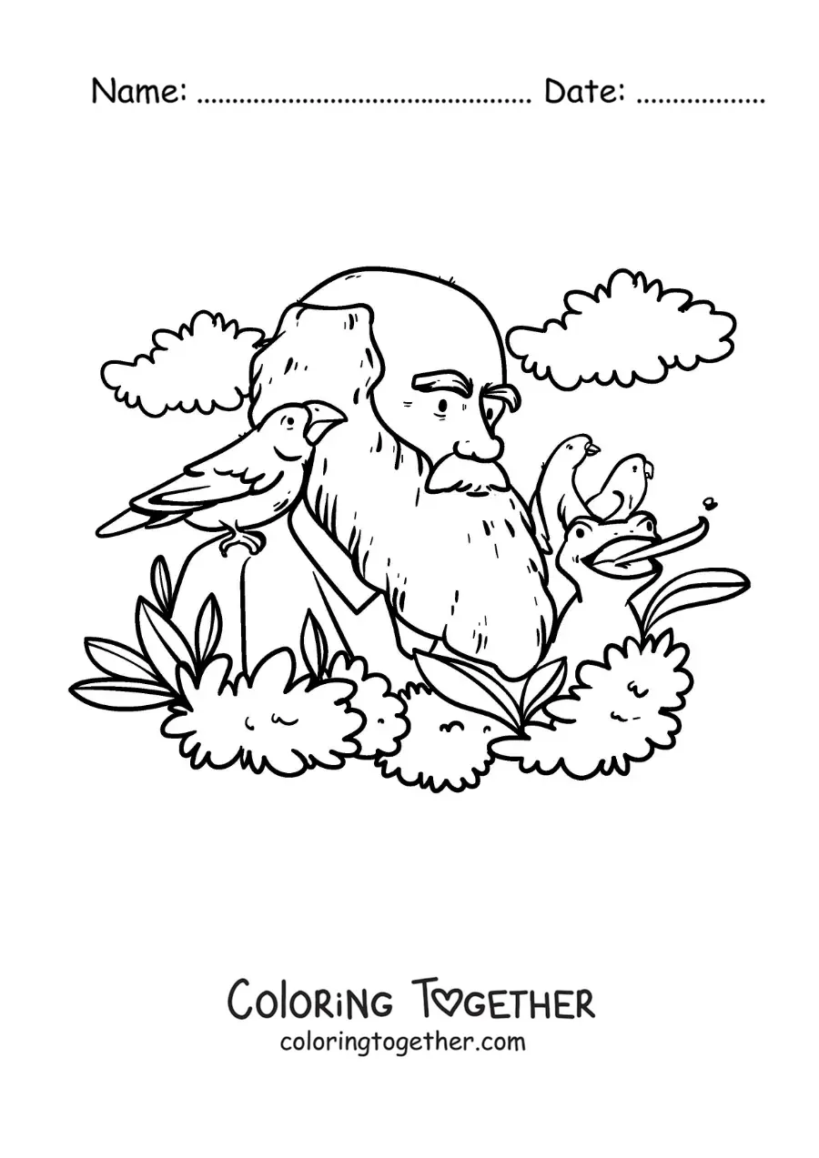 Coloring page of cartoon Charles Darwin studying the birds