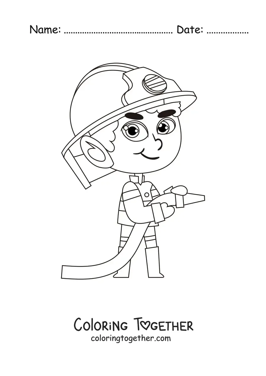 Coloring page of a kawaii cartoon firefighter with a hose