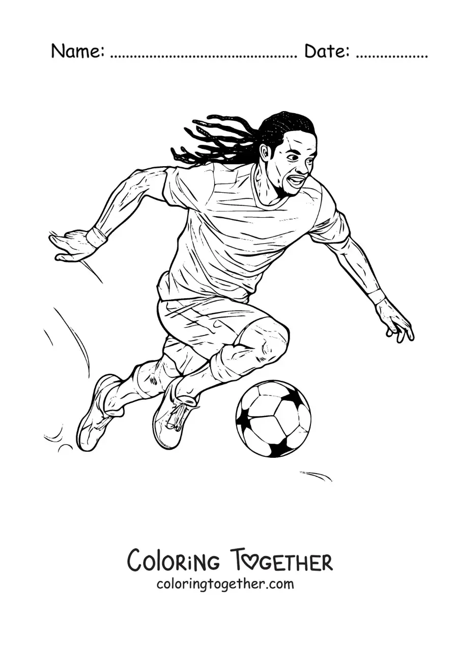 Coloring page of Ronaldinho playing soccer