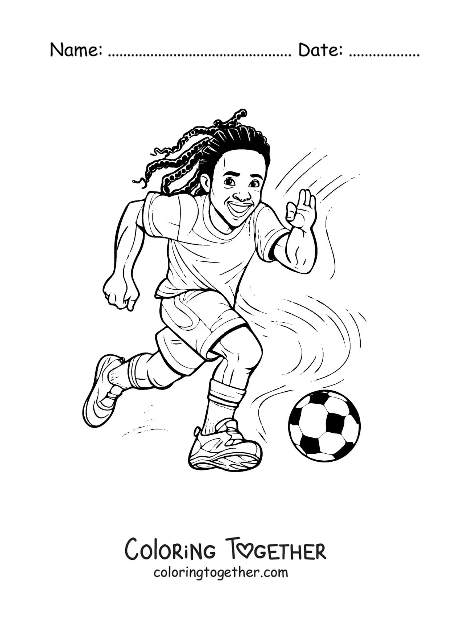 Coloring page of an easy cartoon of Ronaldinho playing soccer