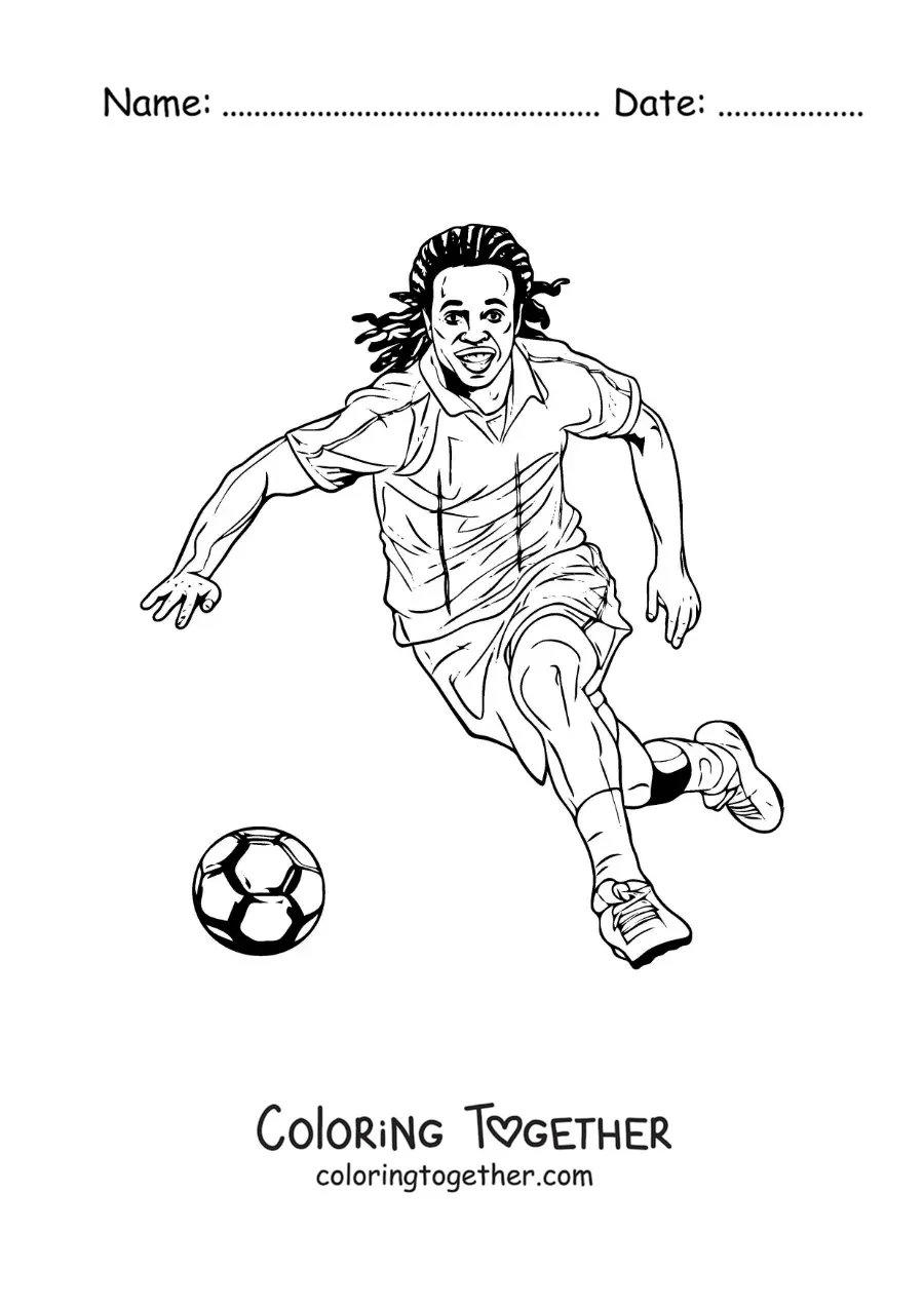 Coloring page of cartoon Ronaldinho in a soccer match