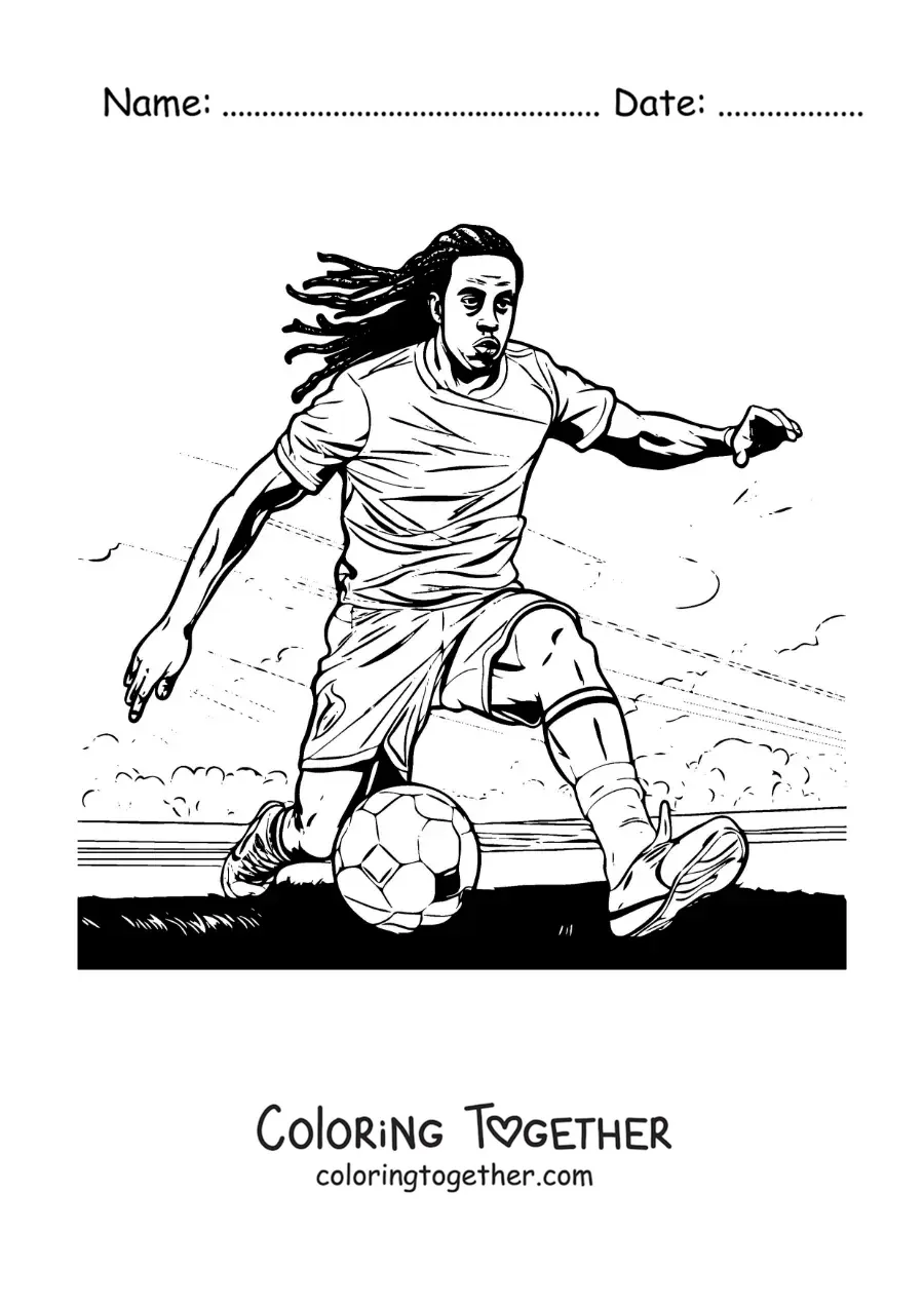 Coloring page of a realistic Ronaldinho playing football