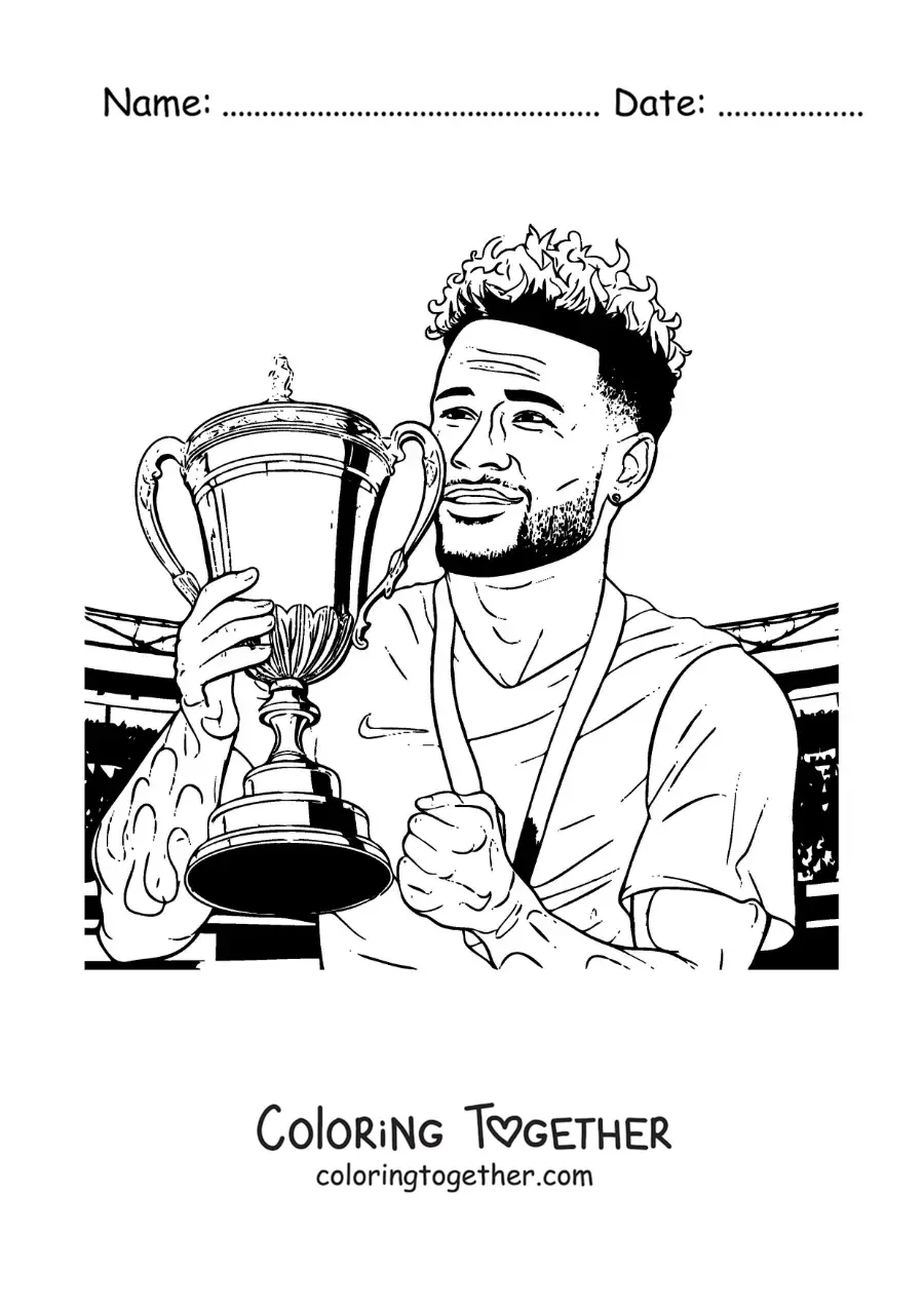 Coloring page of Neymar as a champion with a trophy
