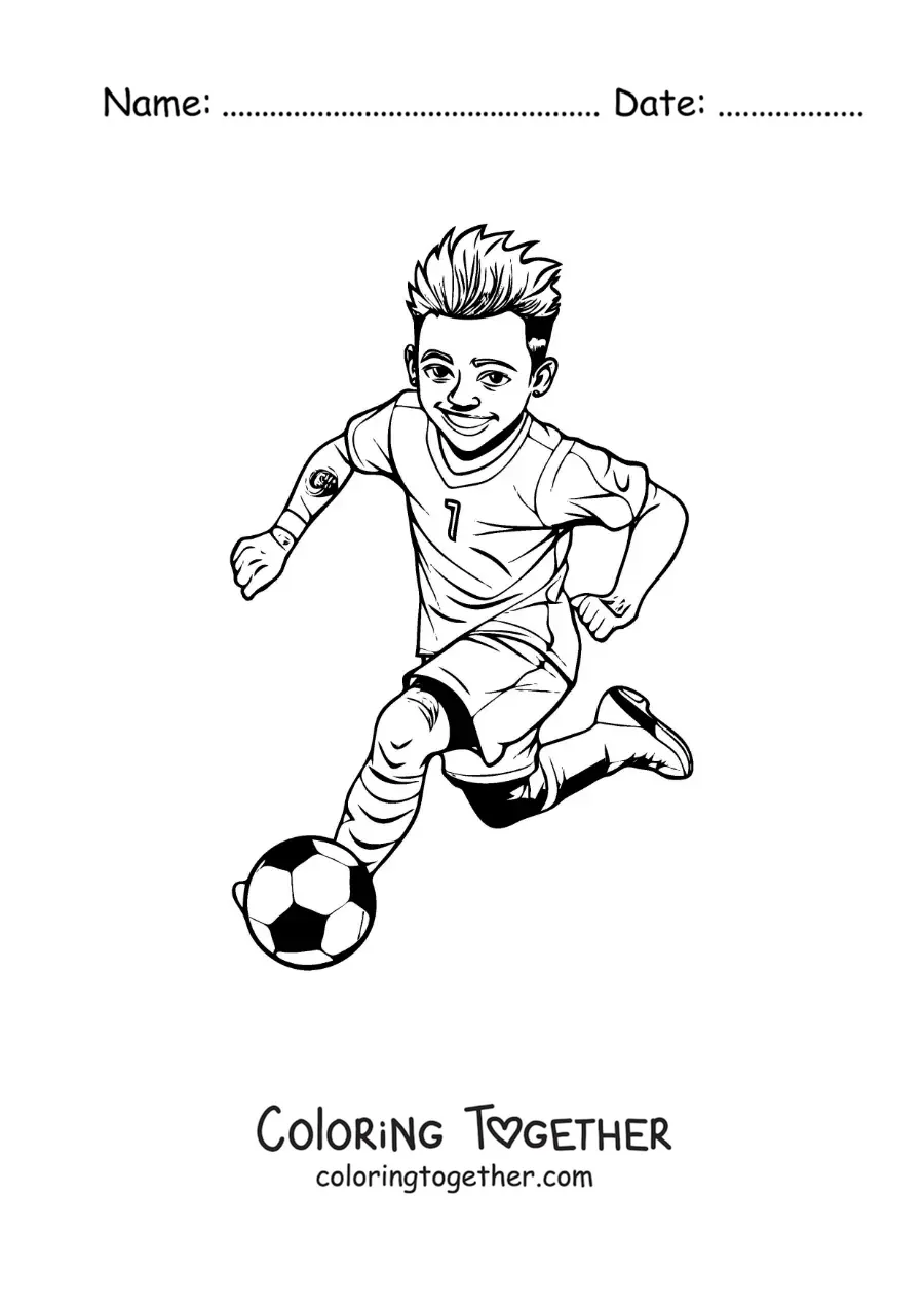 Coloring page of a cartoon Neymar playing football