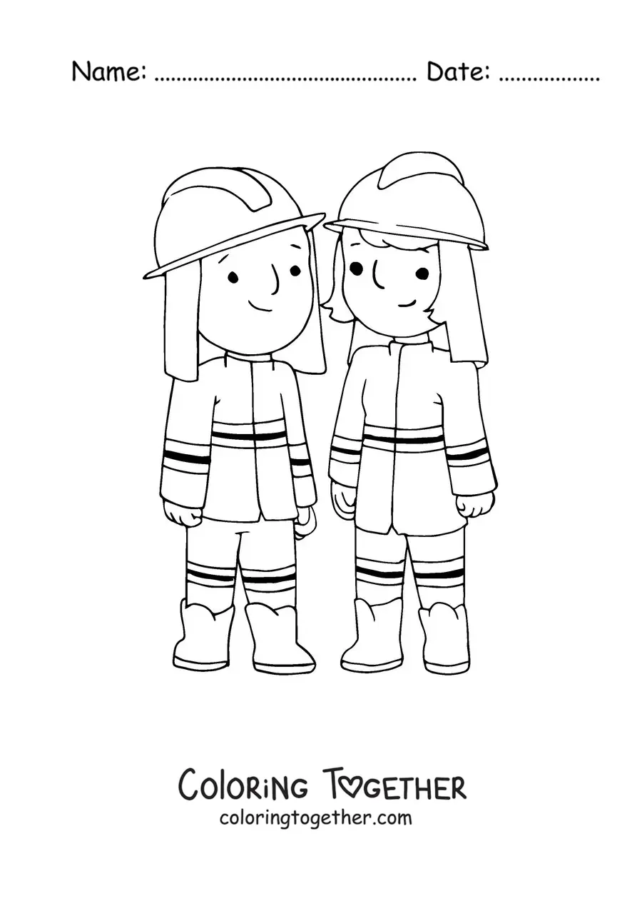 Coloring page of a firewoman and a firefighter