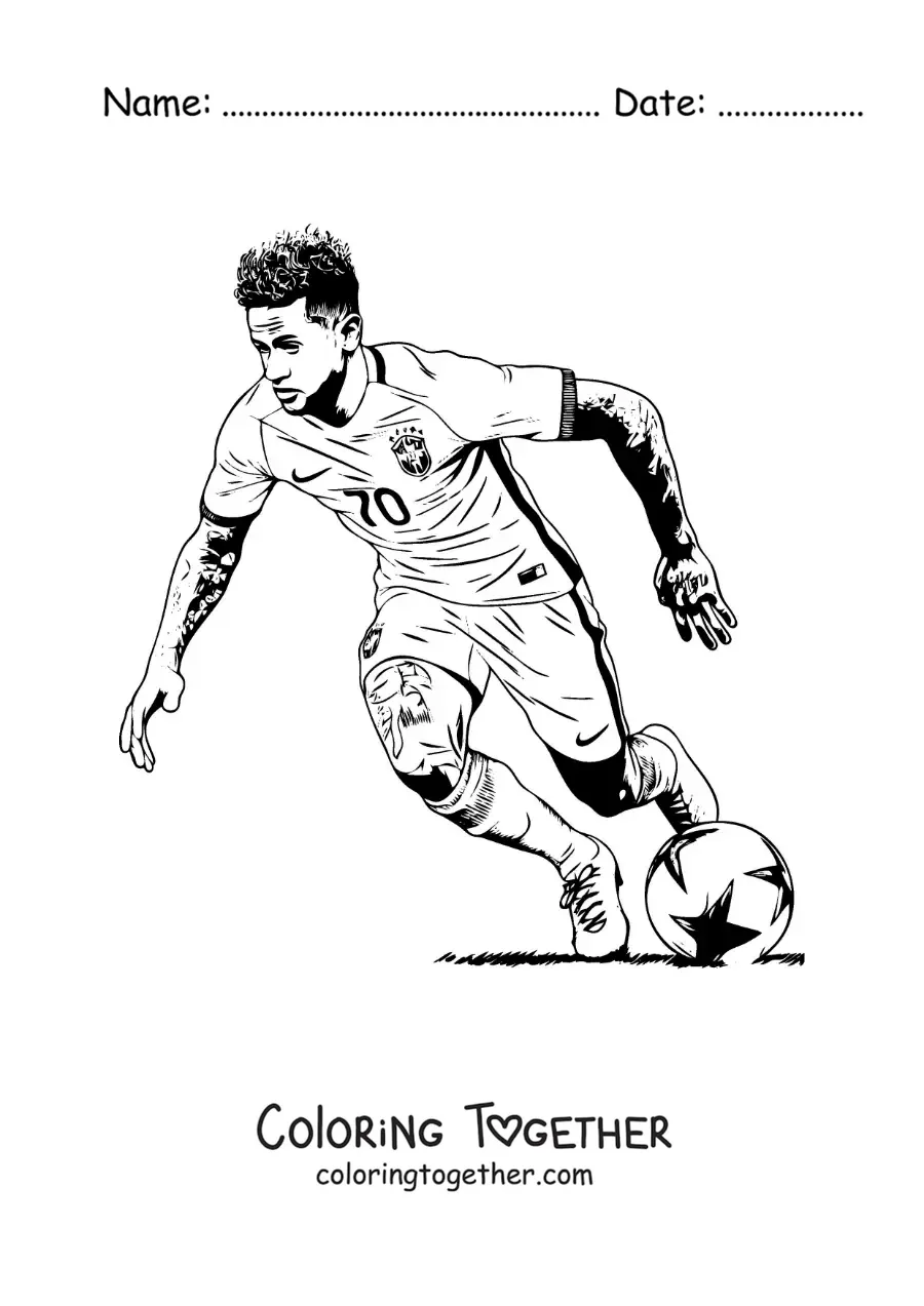 Coloring page of a realistic Neymar playing football