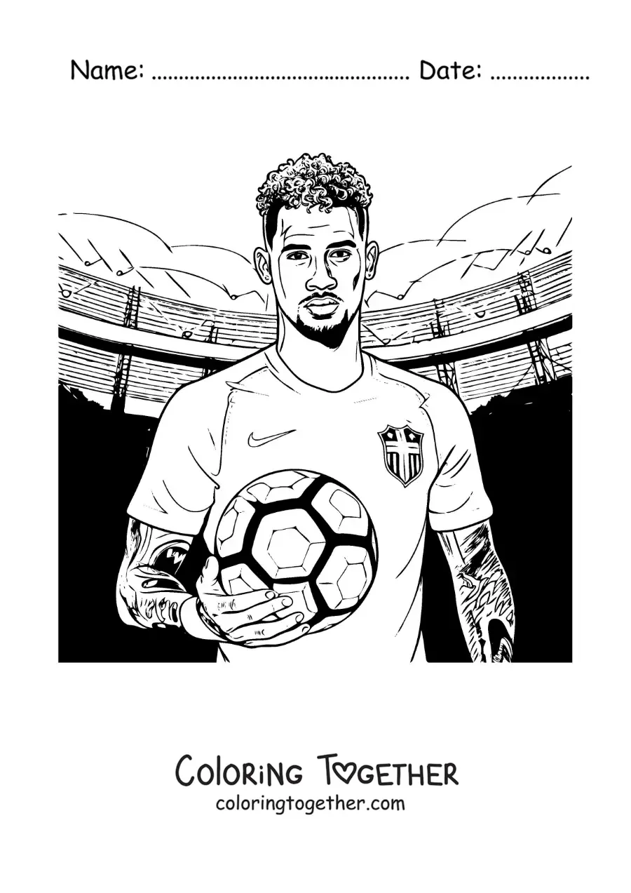 Coloring page of Neymar holding a ball in a football stadium