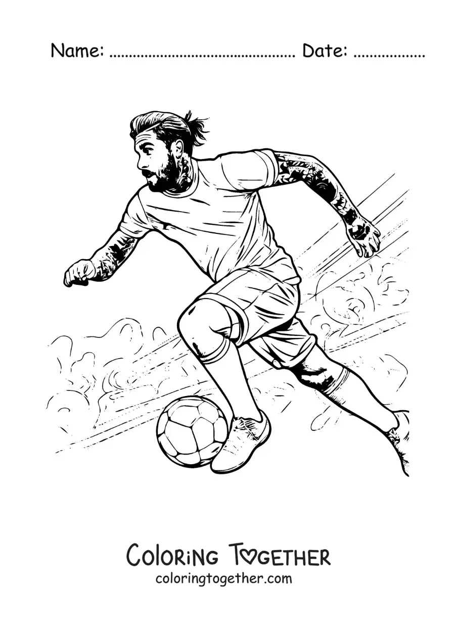 Coloring page of a cartoon Sergio Ramos playing football