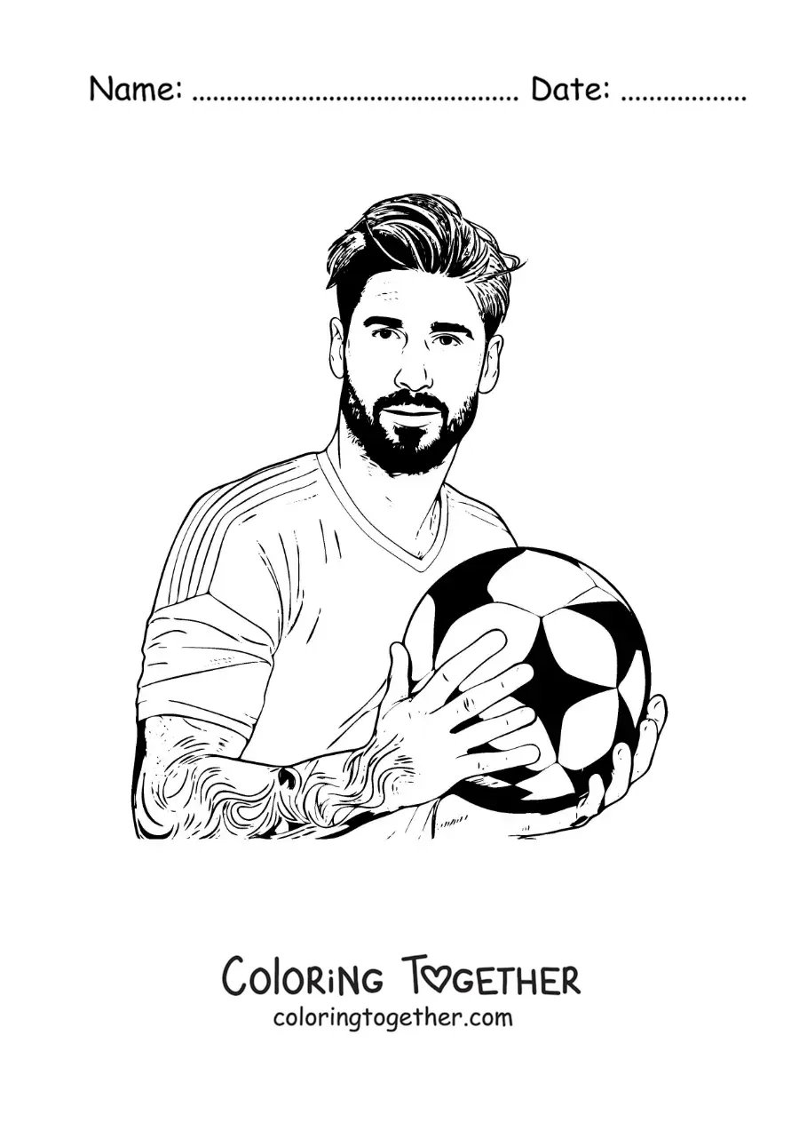 Coloring page of a cartoon Sergio Ramos with a football
