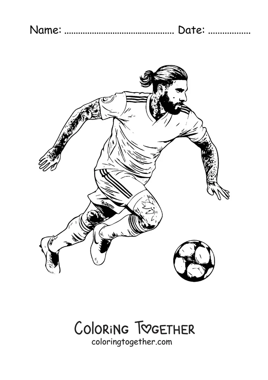 Coloring page of Sergio Ramos with his tattoos playing football