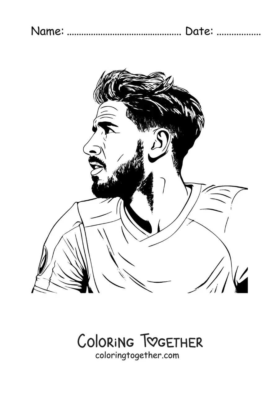 Coloring page of a realistic profile portrait of Sergio Ramos