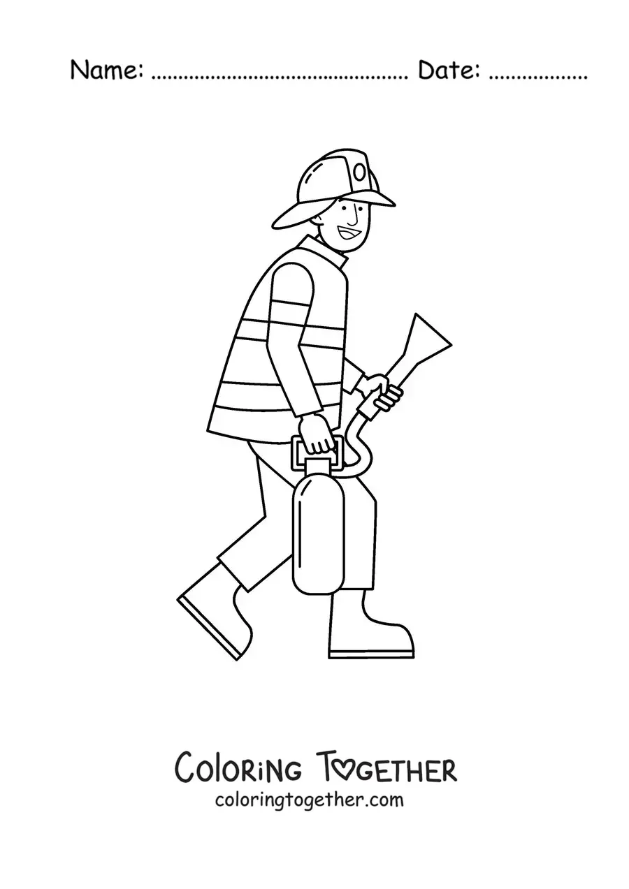 Coloring page of a cartoon firefighter with a fire extinguisher