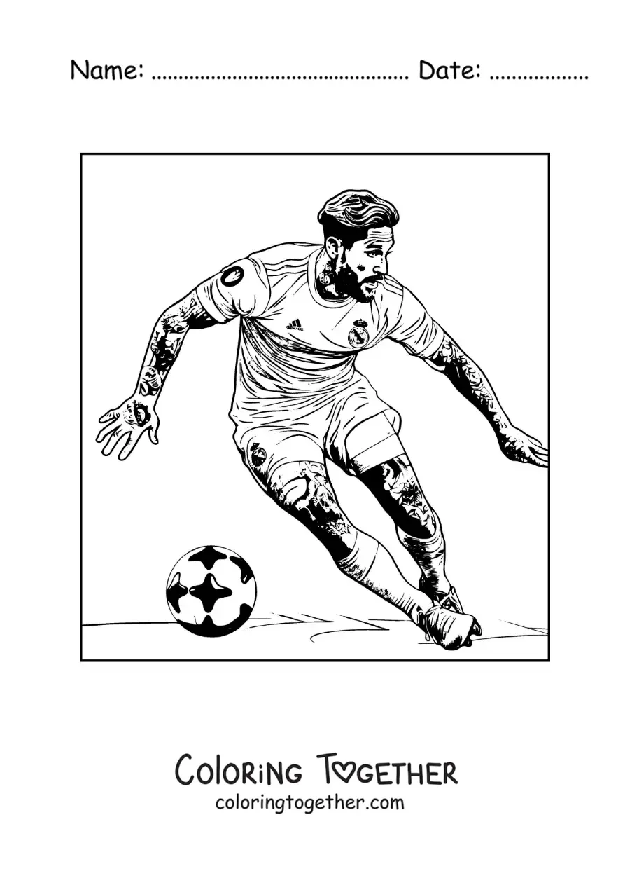 Coloring page of Sergio Ramos with long hair playing football